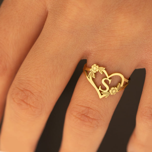 Custom Initials Letter Heart and Flowers Rings