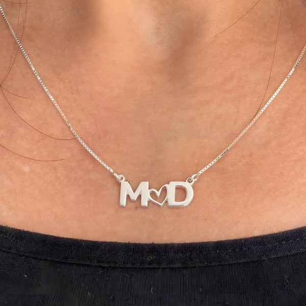 Two Initials Necklace with Heart for Couple