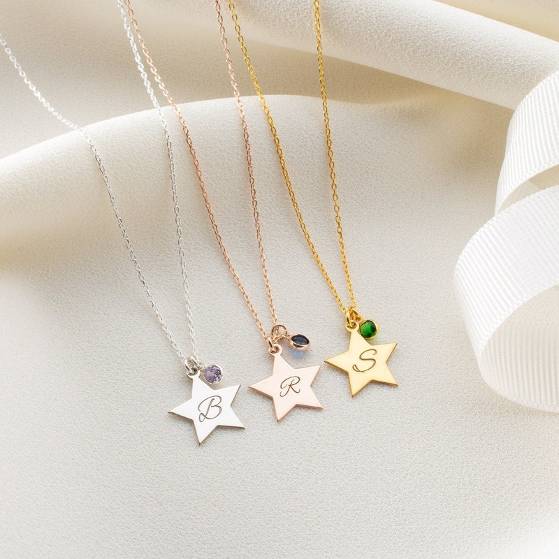 Star Initial Necklace with Birthstone