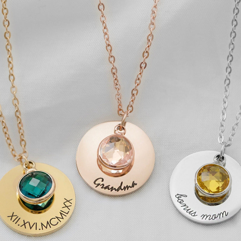 Personalized Engraved Birthstone Necklace Gemstone