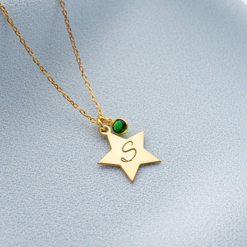 Star Initial Necklace with Birthstone